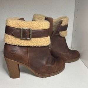 Timberland Glancy Teddy Fold Down Brown Leather Boots Shearling Cuff Orthloite